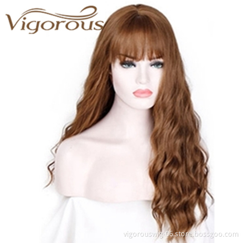 Vigorous Wholesale Price Long Body Wave With Bangs Yama Brown Cosplay 8 Colors In Stock For Black Women Synthetic Hair Wigs